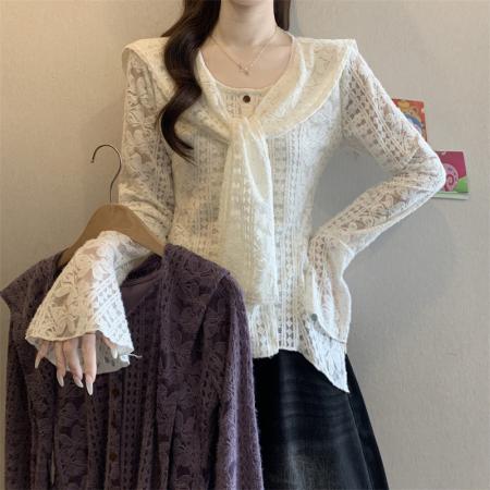 FA51940# 新款加绒法式喇叭袖加披肩长袖蕾丝衫女镂空设计感上衣 服裝批發女裝批發服飾貨源