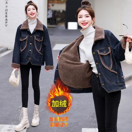 FA51942# 冬装新款加绒加厚牛仔外套女百搭羊羔绒牛仔棉衣棉服 服裝批發女裝批發服飾貨源
