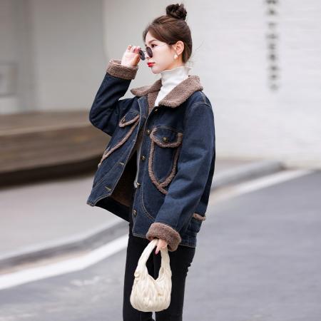 FA51942# 冬装新款加绒加厚牛仔外套女百搭羊羔绒牛仔棉衣棉服 服裝批發女裝批發服飾貨源