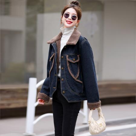 FA51942# 冬装新款加绒加厚牛仔外套女百搭羊羔绒牛仔棉衣棉服 服裝批發女裝批發服飾貨源