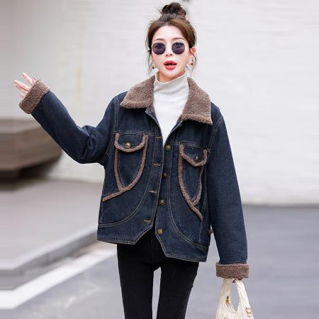 FA51942# 冬装新款加绒加厚牛仔外套女百搭羊羔绒牛仔棉衣棉服 服裝批發女裝批發服飾貨源