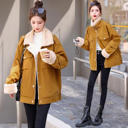 FA51943# 新款加绒加厚立体口袋工装外套休闲百搭牛仔棉衣棉服女 服裝批發女裝批發服飾貨源