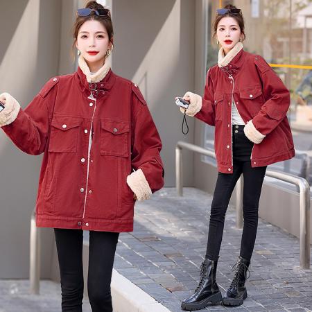 FA51943# 新款加绒加厚立体口袋工装外套休闲百搭牛仔棉衣棉服女 服裝批發女裝批發服飾貨源