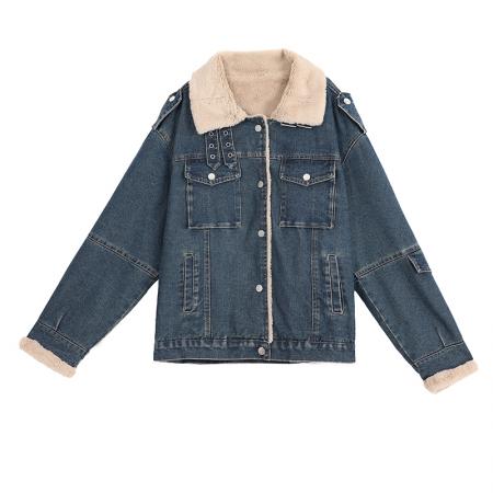 FA51943# 新款加绒加厚立体口袋工装外套休闲百搭牛仔棉衣棉服女 服裝批發女裝批發服飾貨源