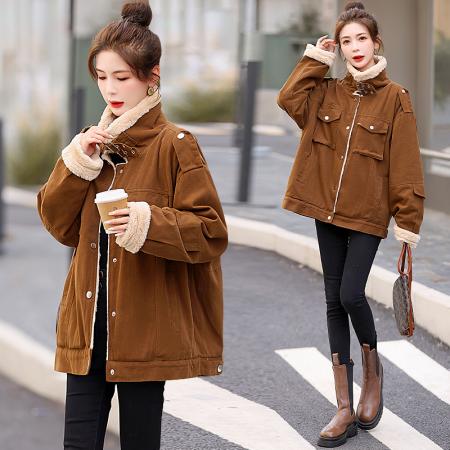 FA51943# 新款加绒加厚立体口袋工装外套休闲百搭牛仔棉衣棉服女 服裝批發女裝批發服飾貨源