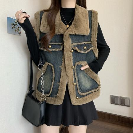 FA51944# 水貂绒拼接牛仔马甲背心外套女秋冬大码胖mm时尚洋气叠穿上衣 服裝批發女裝批發服飾貨源