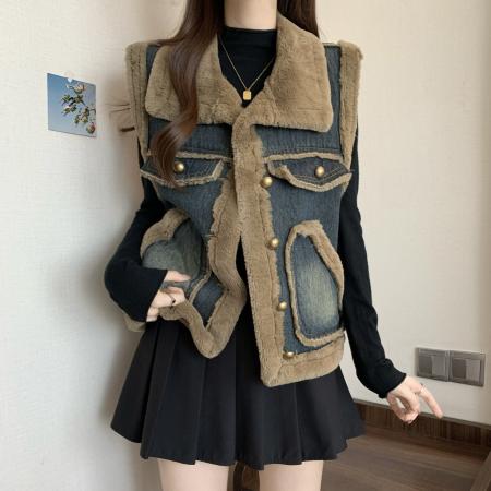 FA51944# 水貂绒拼接牛仔马甲背心外套女秋冬大码胖mm时尚洋气叠穿上衣 服裝批發女裝批發服飾貨源