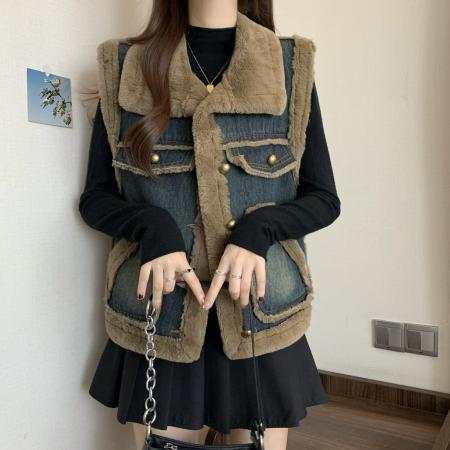 FA51944# 水貂绒拼接牛仔马甲背心外套女秋冬大码胖mm时尚洋气叠穿上衣 服裝批發女裝批發服飾貨源