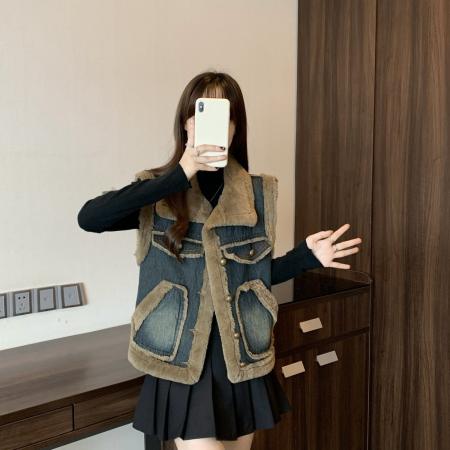 FA51944# 水貂绒拼接牛仔马甲背心外套女秋冬大码胖mm时尚洋气叠穿上衣 服裝批發女裝批發服飾貨源