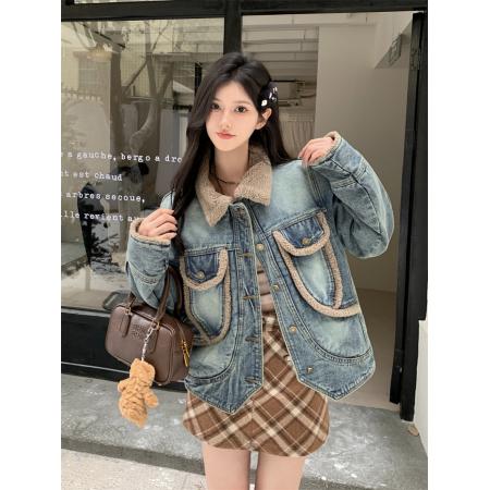 牛仔外套女加绒羊羔绒派克服冬港风拼接夹克短款上衣潮 服裝批發女裝批發服飾貨源