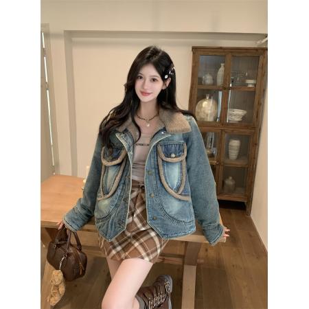 FA51945# 牛仔外套女加绒羊羔绒派克服冬港风拼接夹克短款上衣潮 服裝批發女裝批發服飾貨源