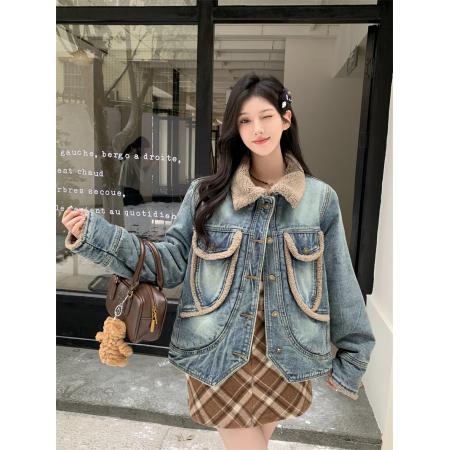FA51945# 牛仔外套女加绒羊羔绒派克服冬港风拼接夹克短款上衣潮 服裝批發女裝批發服飾貨源