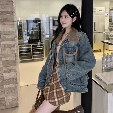 FA51945# 牛仔外套女加绒羊羔绒派克服冬港风拼接夹克短款上衣潮 服裝批發女裝批發服飾貨源