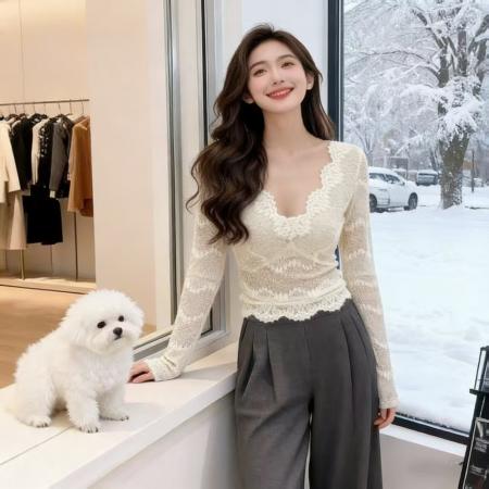 FA51964# 冬蕾丝花边性感V领修身内搭打底衫纯色镂空设计感百搭长袖上衣 服裝批發女裝批發服飾貨源
