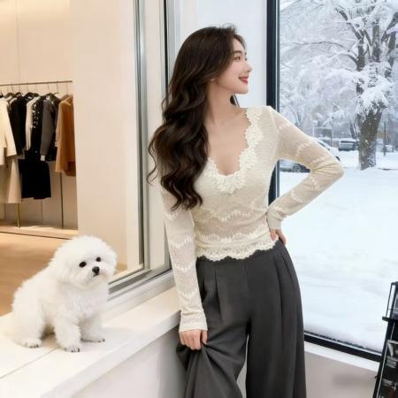 FA51964# 冬蕾丝花边性感V领修身内搭打底衫纯色镂空设计感百搭长袖上衣 服裝批發女裝批發服飾貨源