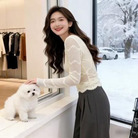 FA51964# 冬蕾丝花边性感V领修身内搭打底衫纯色镂空设计感百搭长袖上衣 服裝批發女裝批發服飾貨源