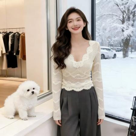 FA51964# 冬蕾丝花边性感V领修身内搭打底衫纯色镂空设计感百搭长袖上衣 服裝批發女裝批發服飾貨源