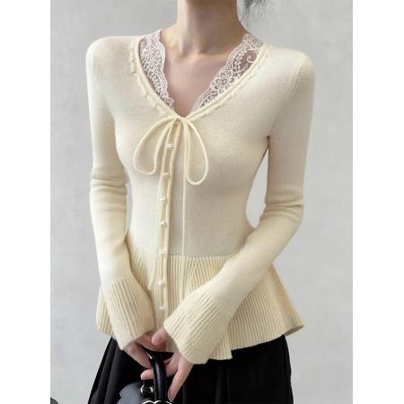 FA51965# 杏色蕾丝边v领系带短款针织衫女冬季穿搭假两件毛衣内搭打底上衣 服裝批發女裝批發服飾貨源