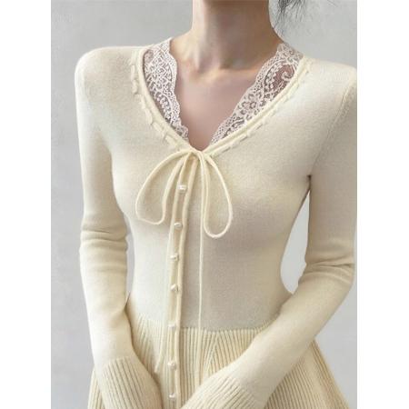 FA51965# 杏色蕾丝边v领系带短款针织衫女冬季穿搭假两件毛衣内搭打底上衣 服裝批發女裝批發服飾貨源