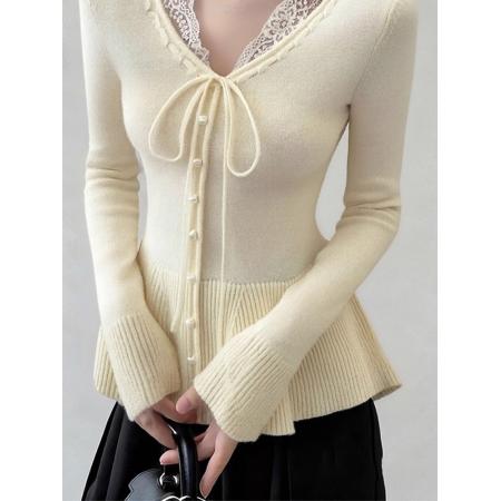 FA51965# 杏色蕾丝边v领系带短款针织衫女冬季穿搭假两件毛衣内搭打底上衣 服裝批發女裝批發服飾貨源