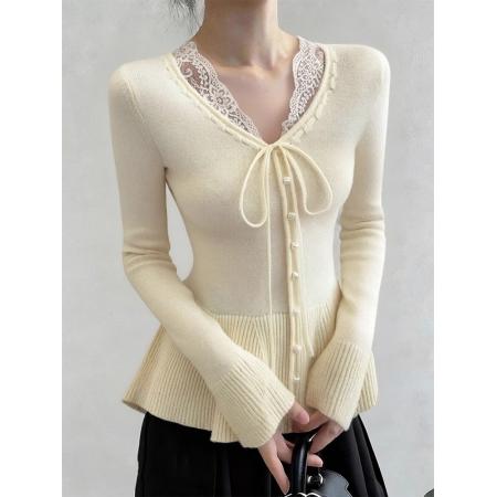 FA51965# 杏色蕾丝边v领系带短款针织衫女冬季穿搭假两件毛衣内搭打底上衣 服裝批發女裝批發服飾貨源
