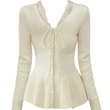 FA51965# 杏色蕾丝边v领系带短款针织衫女冬季穿搭假两件毛衣内搭打底上衣 服裝批發女裝批發服飾貨源