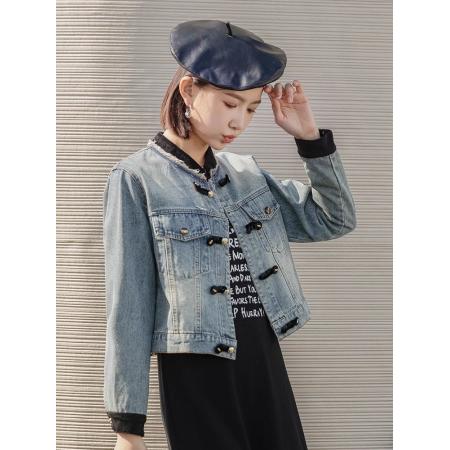 FA51966# 国风盘扣牛仔外套女短款上衣春秋新款显瘦小个子新中式夹克潮 服裝批發女裝批發服飾貨源