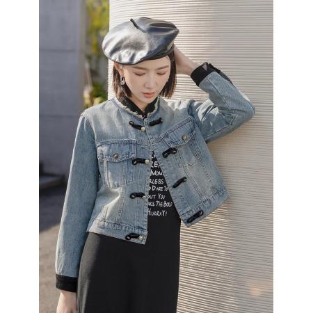 FA51966# 国风盘扣牛仔外套女短款上衣春秋新款显瘦小个子新中式夹克潮 服裝批發女裝批發服飾貨源