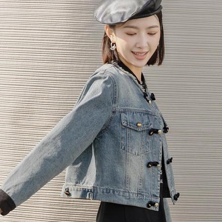 FA51966# 国风盘扣牛仔外套女短款上衣春秋新款显瘦小个子新中式夹克潮 服裝批發女裝批發服飾貨源