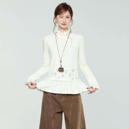 FA51969# 木耳边半高领磨毛蕾丝下摆设计感内搭打底衫秋冬季上衣女 服裝批發女裝批發服飾貨源