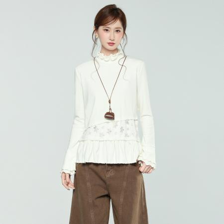 FA51969# 木耳边半高领磨毛蕾丝下摆设计感内搭打底衫秋冬季上衣女 服裝批發女裝批發服飾貨源