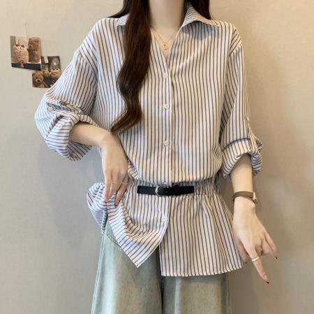 FA51972# 大码女装早春新款韩系复古休闲百搭收腰显瘦条纹V领衬衫上衣 服裝批發女裝批發服飾貨源