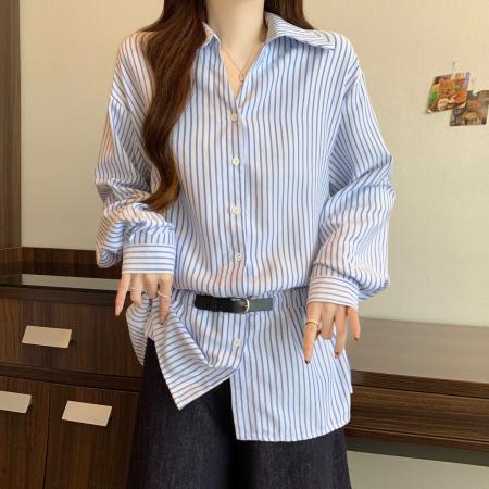 FA51972# 大码女装早春新款韩系复古休闲百搭收腰显瘦条纹V领衬衫上衣 服裝批發女裝批發服飾貨源