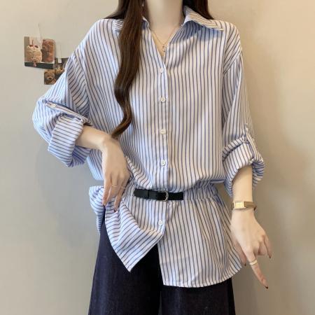 FA51972# 大码女装早春新款韩系复古休闲百搭收腰显瘦条纹V领衬衫上衣 服裝批發女裝批發服飾貨源
