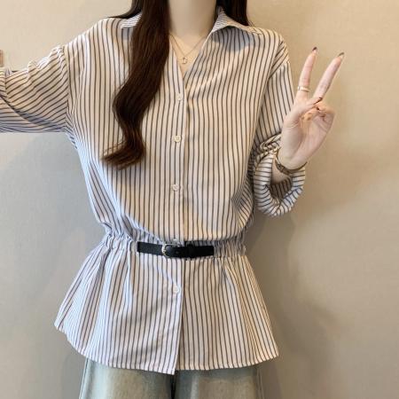 FA51972# 大码女装早春新款韩系复古休闲百搭收腰显瘦条纹V领衬衫上衣 服裝批發女裝批發服飾貨源