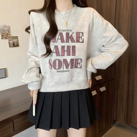 FA51973# 大码胖MM秋季休闲卫衣圆领百搭印花字母小个子上衣 服裝批發女裝批發服飾貨源