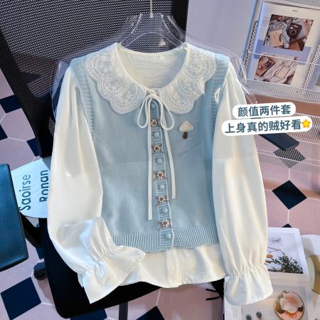 FA51975# 早春针织马甲衬衣两件套宽松层次感叠穿甜美少女风上衣 服裝批發女裝批發服飾貨源