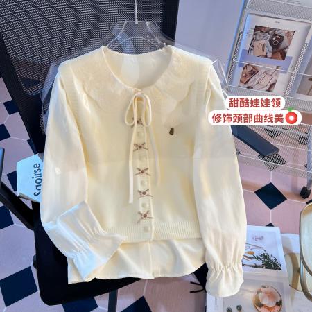 FA51975# 早春针织马甲衬衣两件套宽松层次感叠穿甜美少女风上衣 服裝批發女裝批發服飾貨源