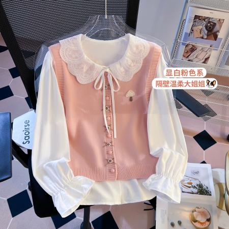 FA51975# 早春针织马甲衬衣两件套宽松层次感叠穿甜美少女风上衣 服裝批發女裝批發服飾貨源