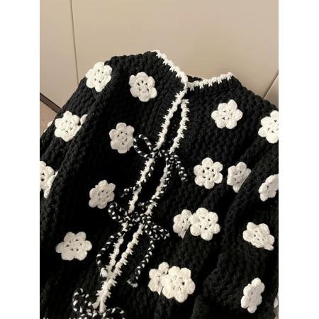 FA51976# 法式高级感立体钩花针织开衫女春季新款系带镂空短款外套上衣 服裝批發女裝批發服飾貨源