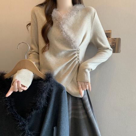 FA51977# 大码秋冬V领毛衣内搭针织衫打底衫女胖MM兔毛高级感收腰上衣 服裝批發女裝批發服飾貨源