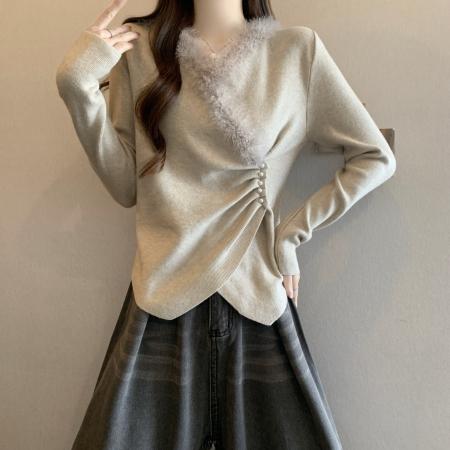 FA51977# 大码秋冬V领毛衣内搭针织衫打底衫女胖MM兔毛高级感收腰上衣 服裝批發女裝批發服飾貨源