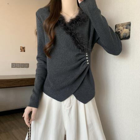 FA51977# 大码秋冬V领毛衣内搭针织衫打底衫女胖MM兔毛高级感收腰上衣 服裝批發女裝批發服飾貨源