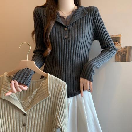 FA51979# 韩系秋冬高级感蕾丝拼接纯欲风针织打底衫女胖MM显瘦内搭上衣 服裝批發女裝批發服飾貨源