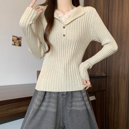 FA51979# 韩系秋冬高级感蕾丝拼接纯欲风针织打底衫女胖MM显瘦内搭上衣 服裝批發女裝批發服飾貨源