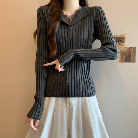FA51979# 韩系秋冬高级感蕾丝拼接纯欲风针织打底衫女胖MM显瘦内搭上衣 服裝批發女裝批發服飾貨源
