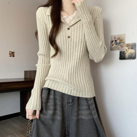 FA51979# 韩系秋冬高级感蕾丝拼接纯欲风针织打底衫女胖MM显瘦内搭上衣 服裝批發女裝批發服飾貨源