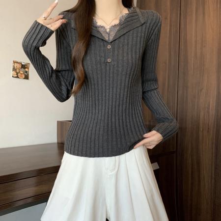 FA51979# 韩系秋冬高级感蕾丝拼接纯欲风针织打底衫女胖MM显瘦内搭上衣 服裝批發女裝批發服飾貨源