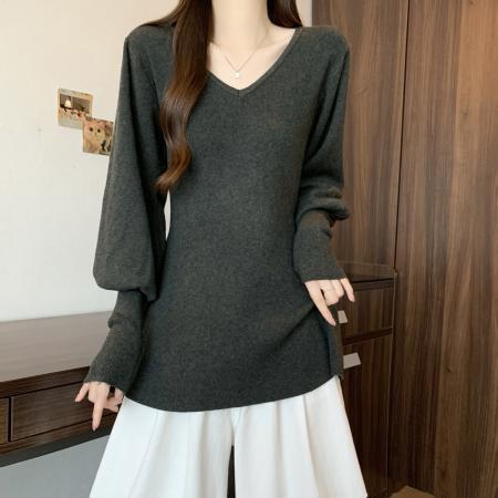 FA51980# 大码红色胖MM秋冬气质V领显瘦上衣修身百搭加厚中长款打底衫 服裝批發女裝批發服飾貨源