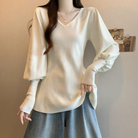 FA51980# 大码红色胖MM秋冬气质V领显瘦上衣修身百搭加厚中长款打底衫 服裝批發女裝批發服飾貨源